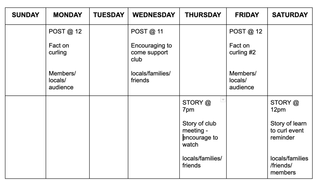 Social Media Calendar for OSCC's Instagram page.